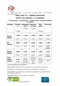 Lou Papagai Tarif Gîte 2026 TTC